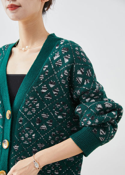 Diy Blackish Green Print Button Warm Knit Loose Coat Fall