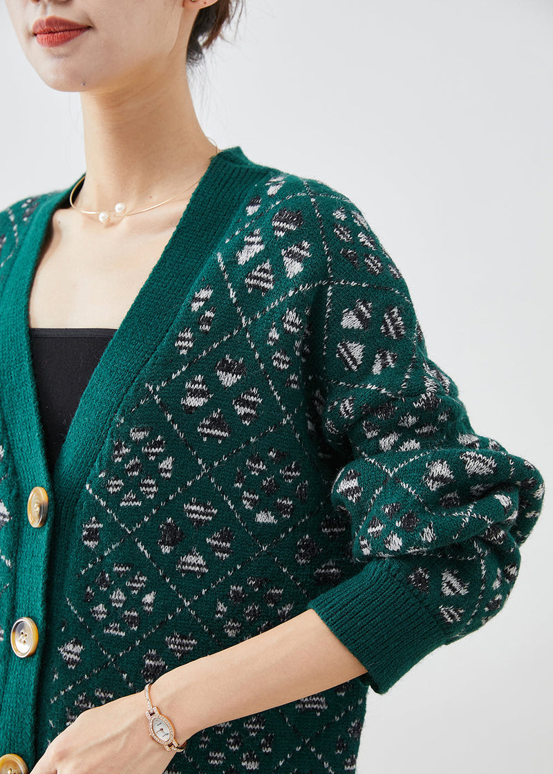 Diy Blackish Green Print Button Warm Knit Loose Coat Fall