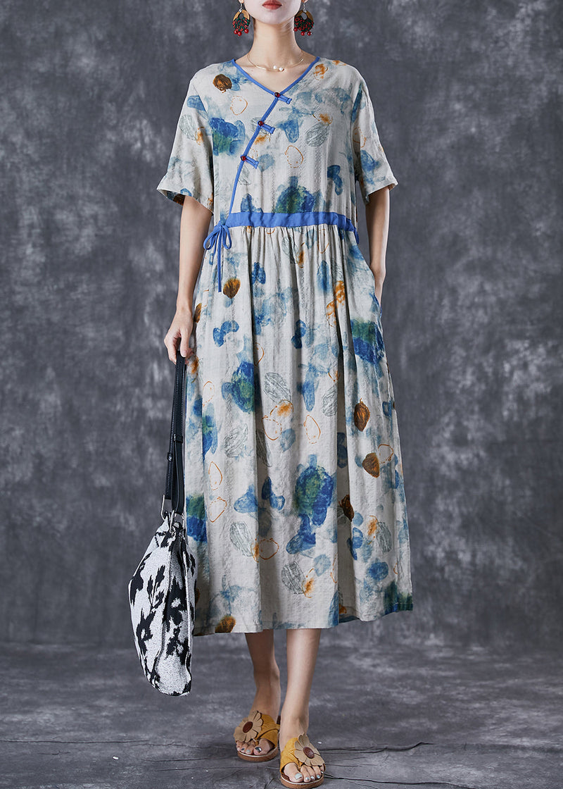 Diy Blue Cinched Print Linen Silk Holiday Dress Summer