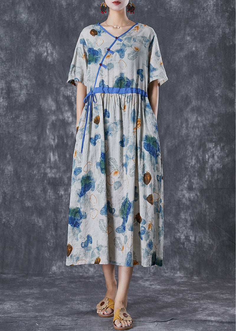 Diy Blue Cinched Print Linen Silk Holiday Dress Summer