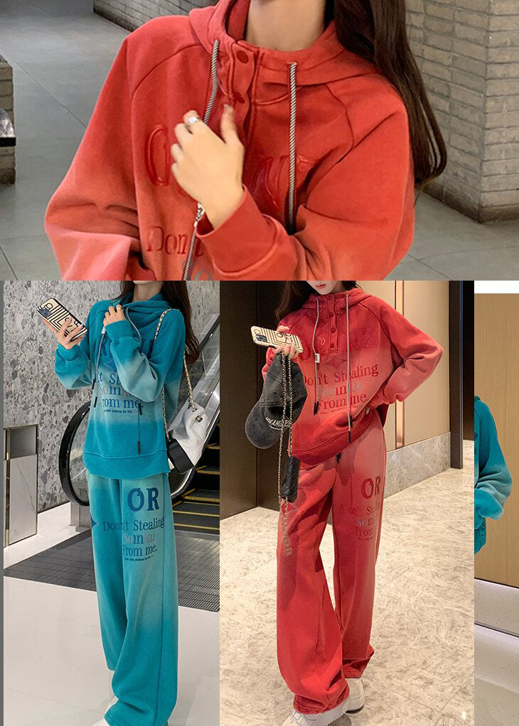 Diy Blue Hooded Tie Dye Cotton Two Piece Set Clothing Spring