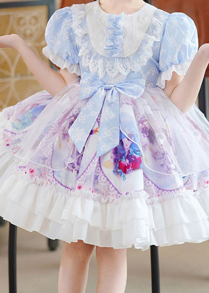 Diy Blue O-neck Print Patchwork Bow Tulle Mid Dress Puff Sleeve