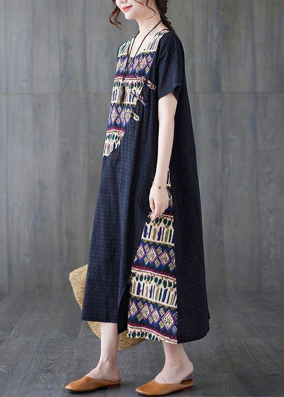 Diy Blue O-neck Asymmetrical Design Summer Cotton Dress