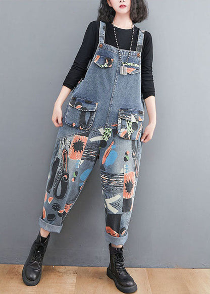 Diy Blue Pockets Print Patchwork Denim Jumpsuit Spring