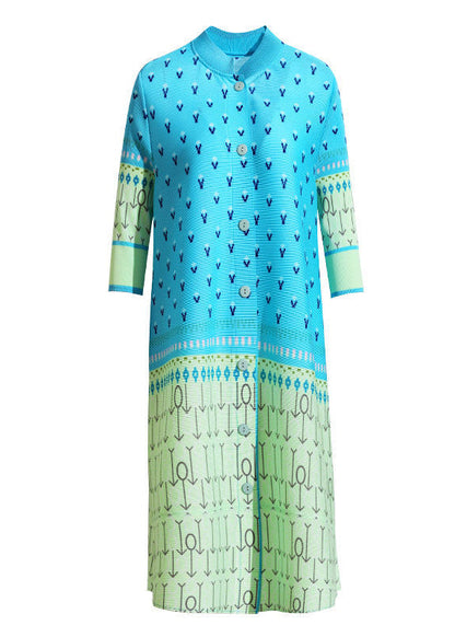 Diy Blue Stand Collar Patchwork Print Holiday Dress Summer