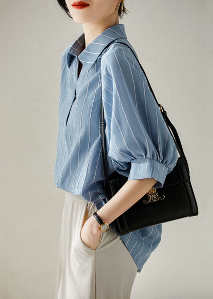 Diy Blue Striped Peter Pan Collar Patchwork Silk Shirt Top Summer