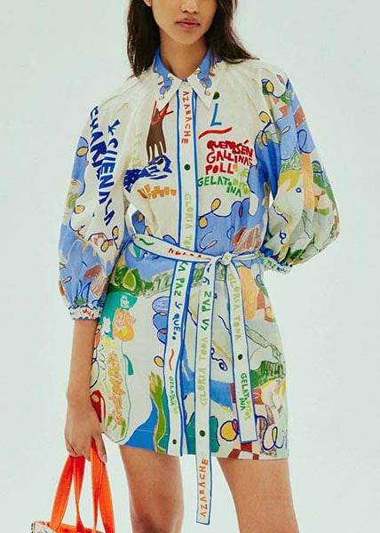 Diy Blue Tie Waist Print Linen Shirt Dress Bracelet Sleeve