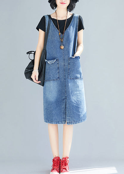 Diy Blue V Neck Pockets Side Open Denim Strap Dresses Summer