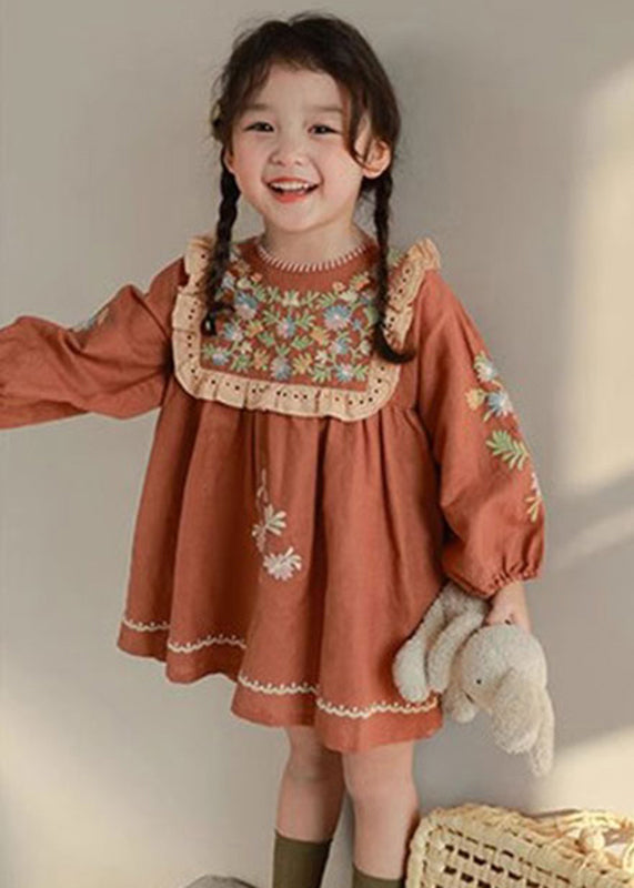 Diy Brick Red Embroideried Hollow Out Kids Mid Dress Fall