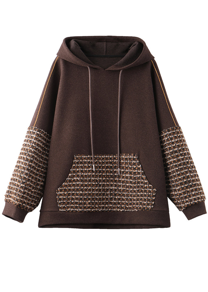 Diy Brown Hooded Patchwork Cotton Sweatshirt Spring