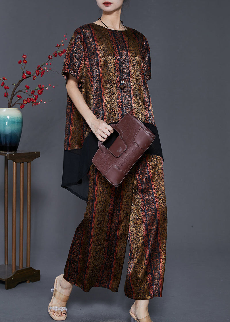 Diy Brown Oversized Patchwork Silk Sets 2 Pieces Summer