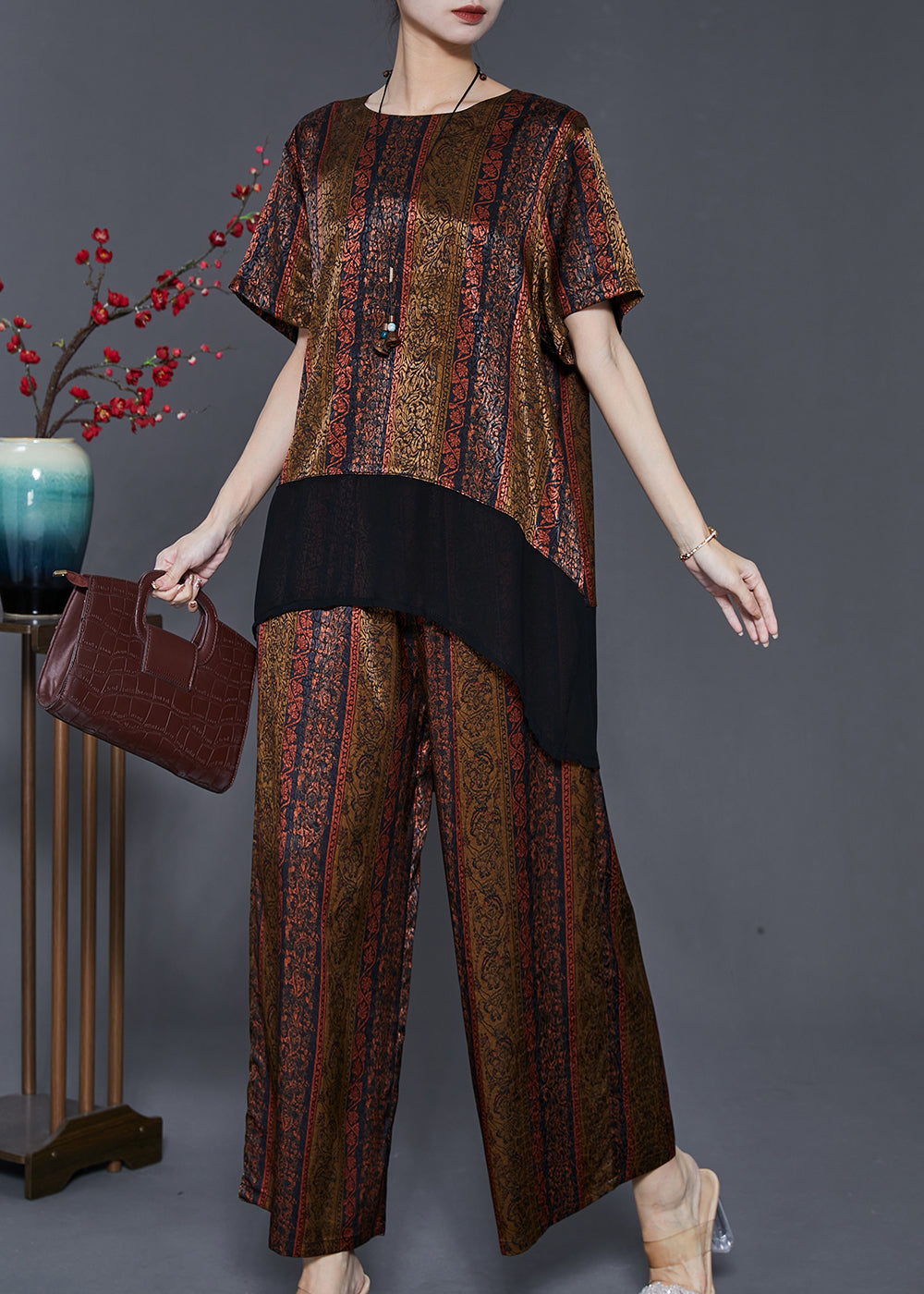 Diy Brown Oversized Patchwork Silk Sets 2 Pieces Summer