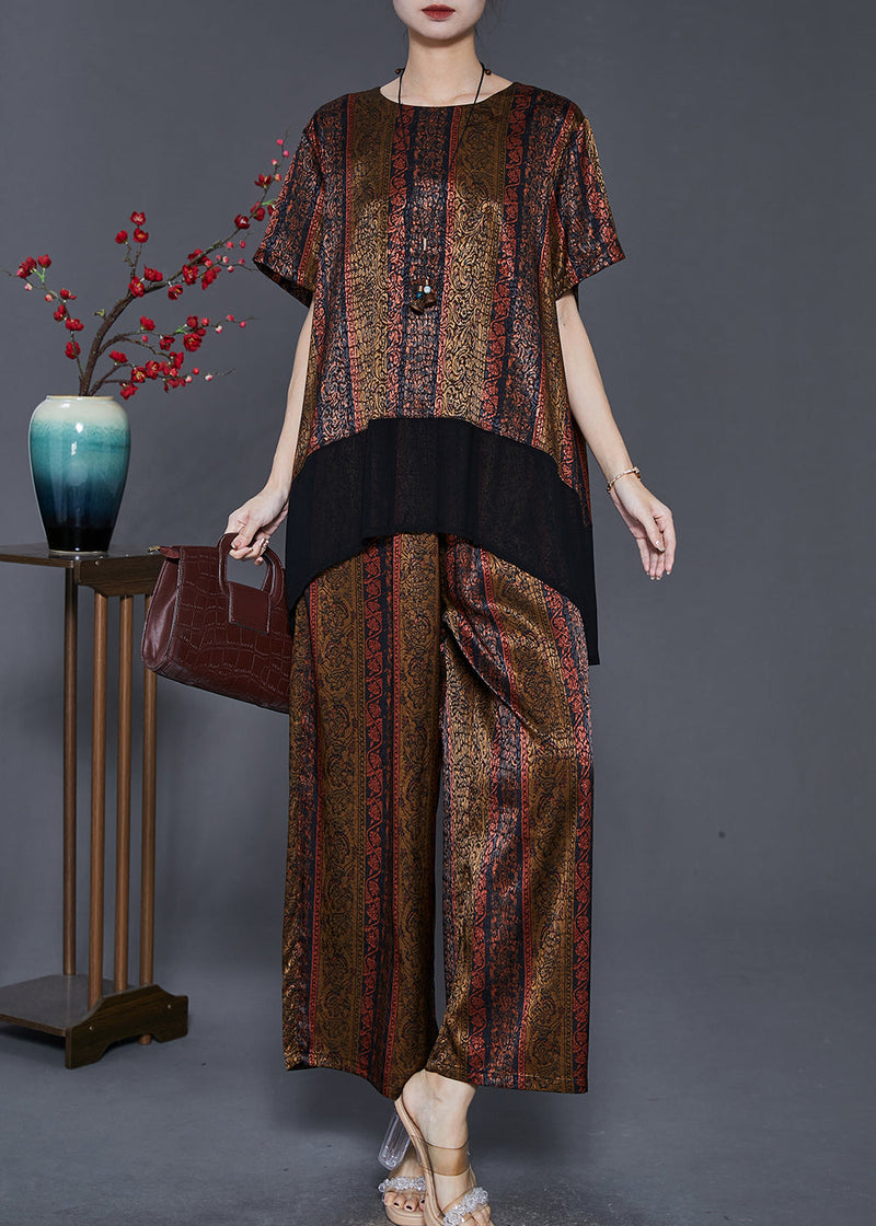 Diy Brown Oversized Patchwork Silk Sets 2 Pieces Summer