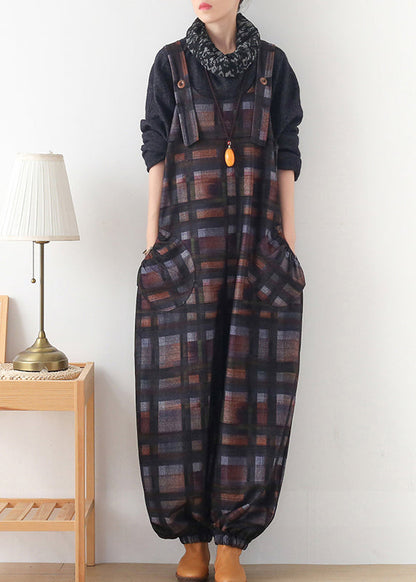 Diy Chocolate Colour Plaid Button Woolen Jumpsuit Pants Fall