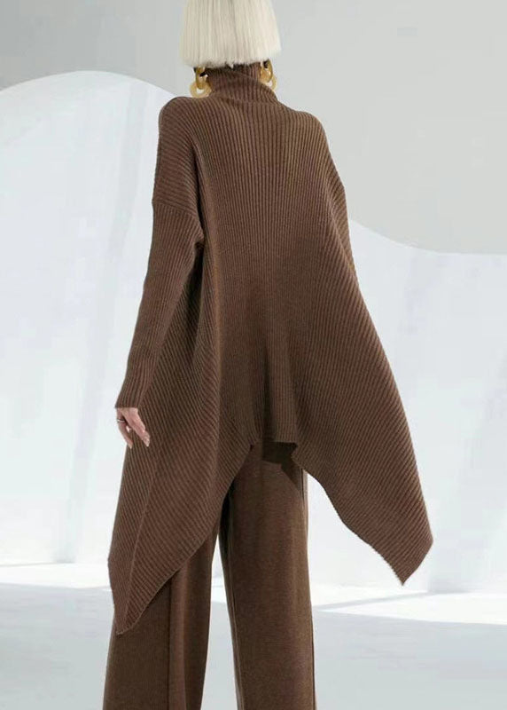 Diy Chocolate Turtle Neck Asymmetrical Wool Sweater Tops Long Sleeve