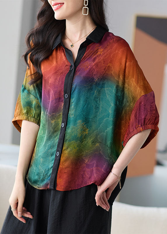 Diy Colorblock Peter Pan Collar Button Patchwork Silk Shirts Summer