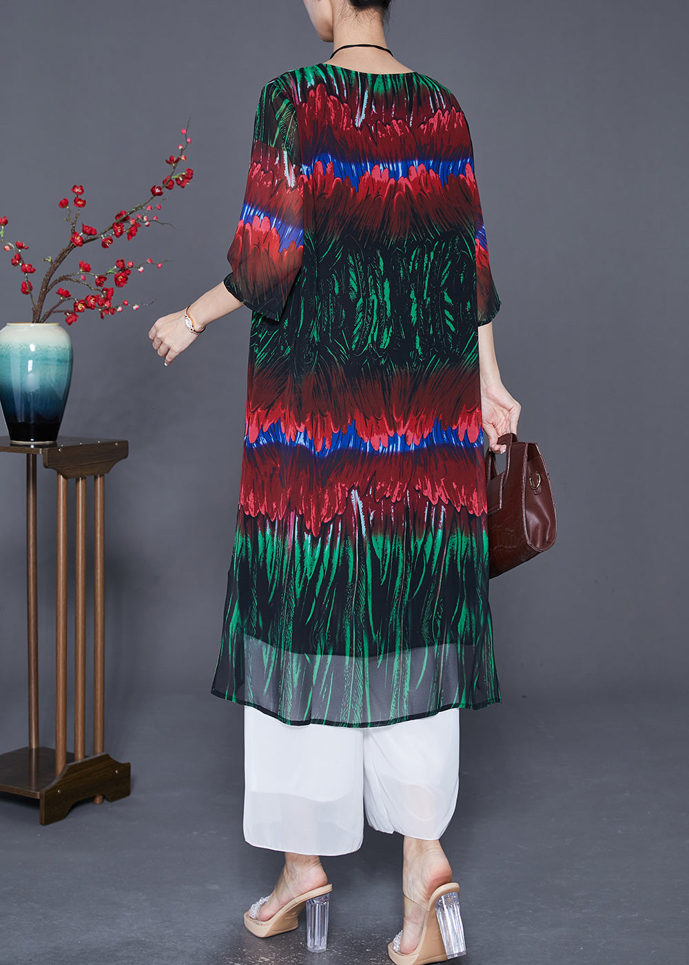 Diy Colorblock Print Side Open Chiffon Long Dress Half Sleeve