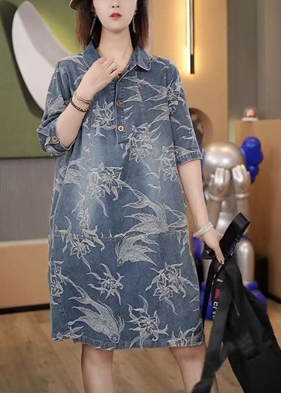 Diy Denim Blue Peter Pan Collar Print Button Mid Dresses Short Sleeve