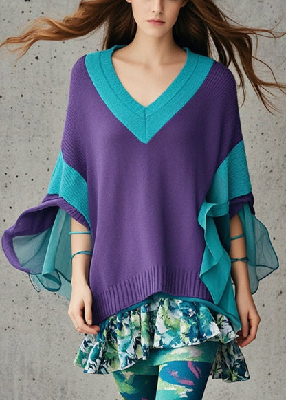 Diy Dull Purple V Neck Patchwork Tulle Sweater Fall
