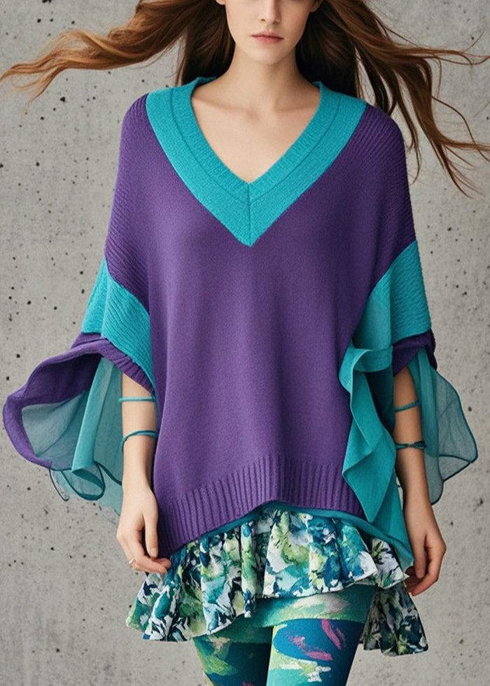 Diy Dull Purple V Neck Patchwork Tulle Sweater Fall