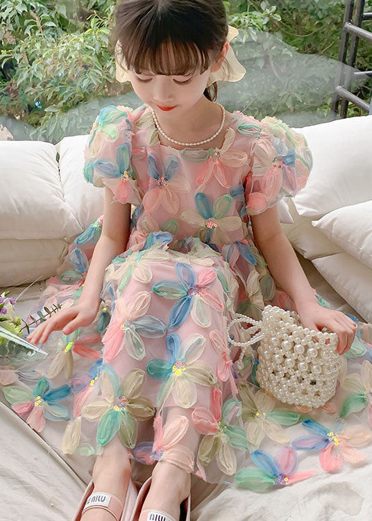 Diy Wrinkled Patchwork Tulle Kids Dresses Puff Sleeve