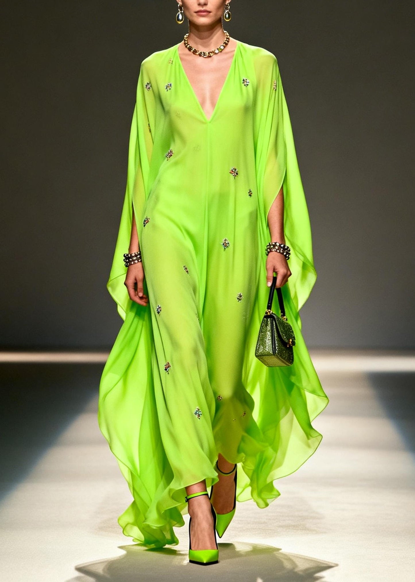 Diy Fluorescent Green Embroidered Chiffon Maxi Dresses Batwing Sleeve