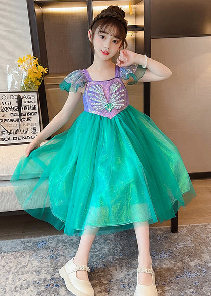 Diy Fluorescent Green Sequins Patchwork Tulle Baby Party Dress Summer