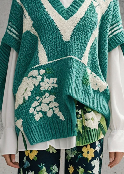 Diy Green Asymmetrical Jacquard Knitted Tops Short Sleeve