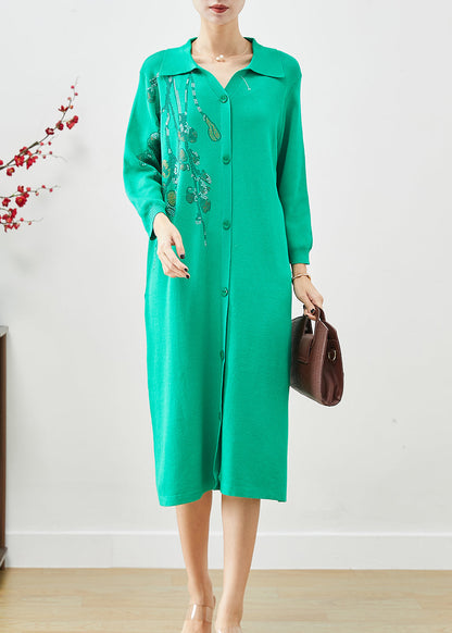 Diy Green Oversized Hot Fixrhinestone Knit Mid Dress Fall