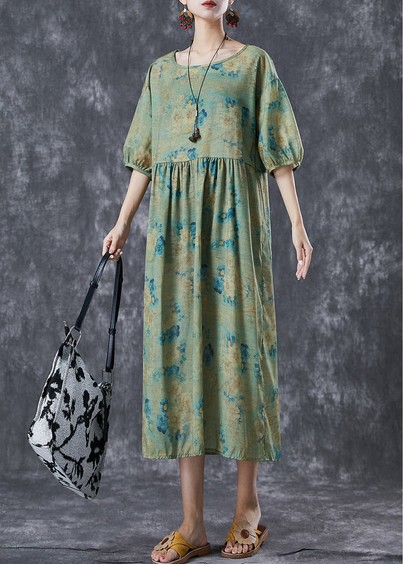 Diy Green Oversized Print Linen Vacation Dress Lantern Sleeve