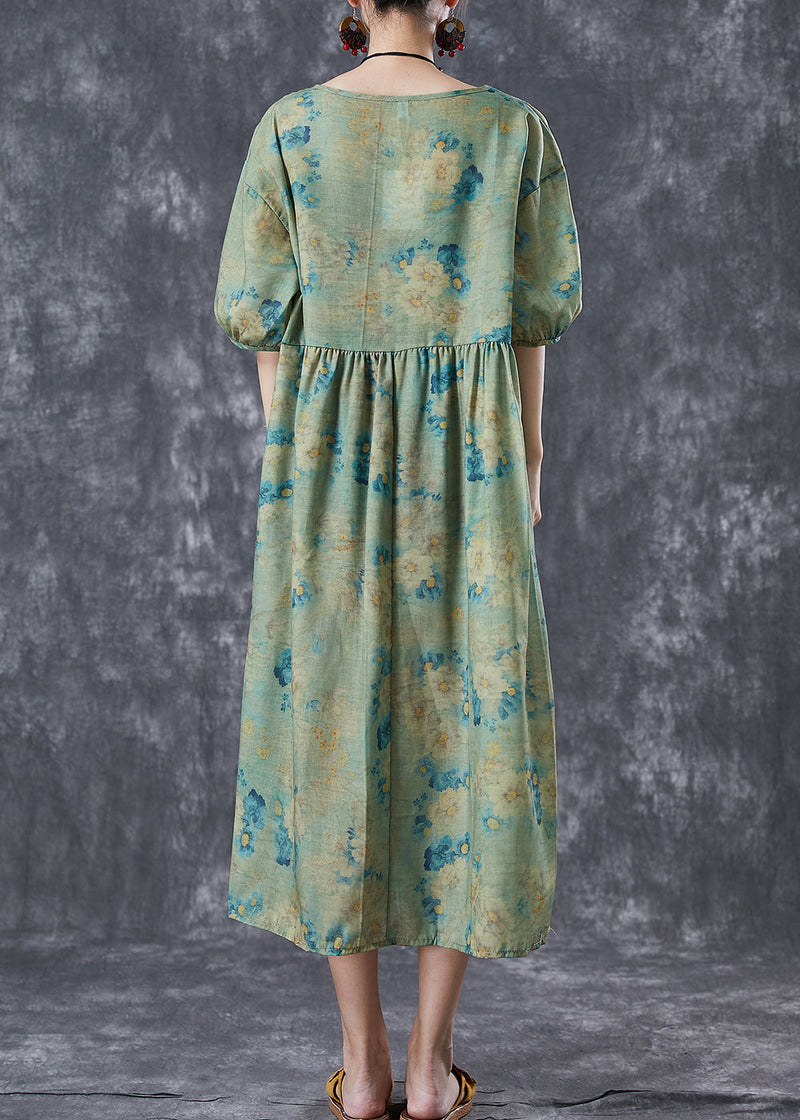 Diy Green Oversized Print Linen Vacation Dress Lantern Sleeve