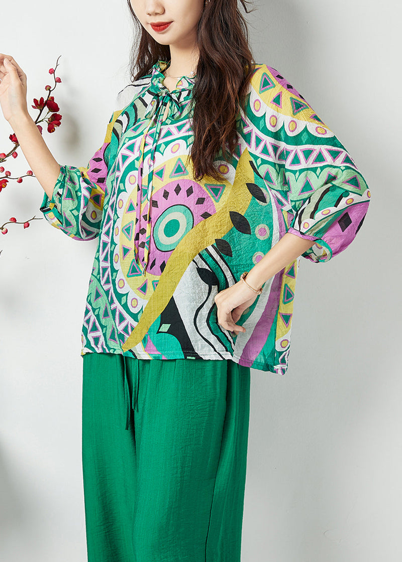 Diy Green Ruffled Collar Print Cotton Two Pieces Set Bracelet Sleeve