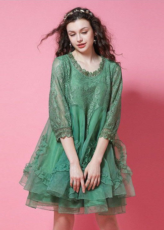 Diy Green Ruffled Patchwork Organza Lace Short Dress Bracelet Sleeve
