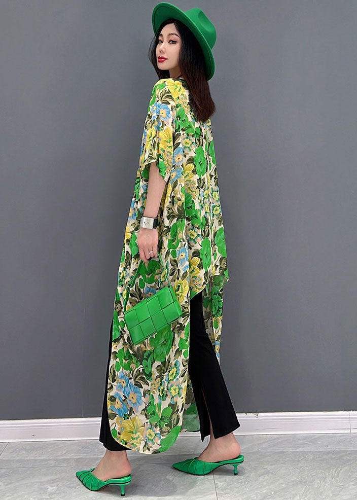 Diy Green V Neck Patchwork Print Wrinkled Long Dress Short Sleeve