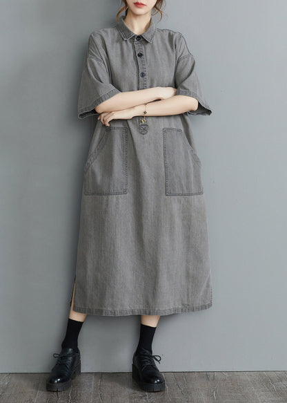 Diy Grey Oversized Pockets Side Open Denim Vacation Dress Summer
