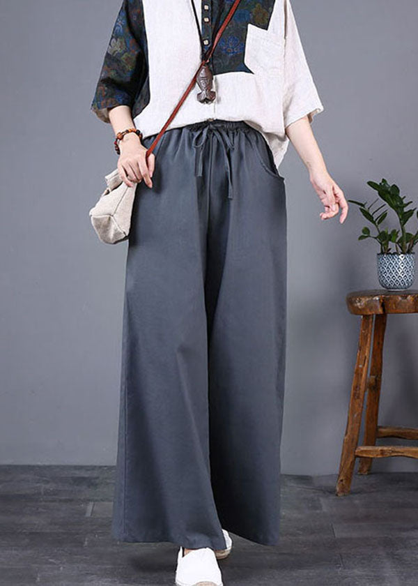 Diy Grey Pockets Elastic Waist Patchwork Cotton Wide Leg Pants Summer
