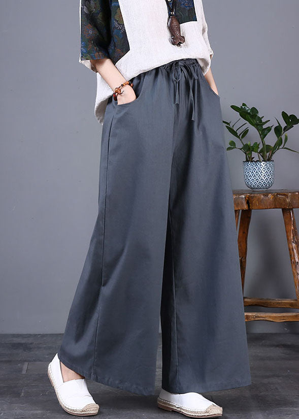 Diy Grey Pockets Elastic Waist Patchwork Cotton Wide Leg Pants Summer