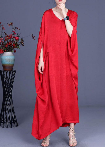 Diy Khaki Asymmetrical V Neck Summer Silk Sundress Bat Wing Sleeve