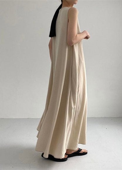 Diy Khaki O Neck Exra Large Hem Cotton Dresses Sleeveless