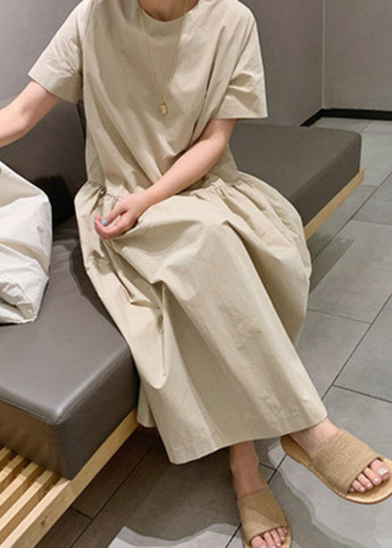 Diy Khaki O-neck Wrinkled Patchwork Cotton Long Dresses Short Sleeve