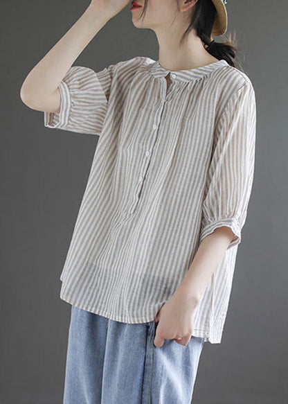 Diy Khaki Oversized Striped Cotton Shirt Half Sleeve