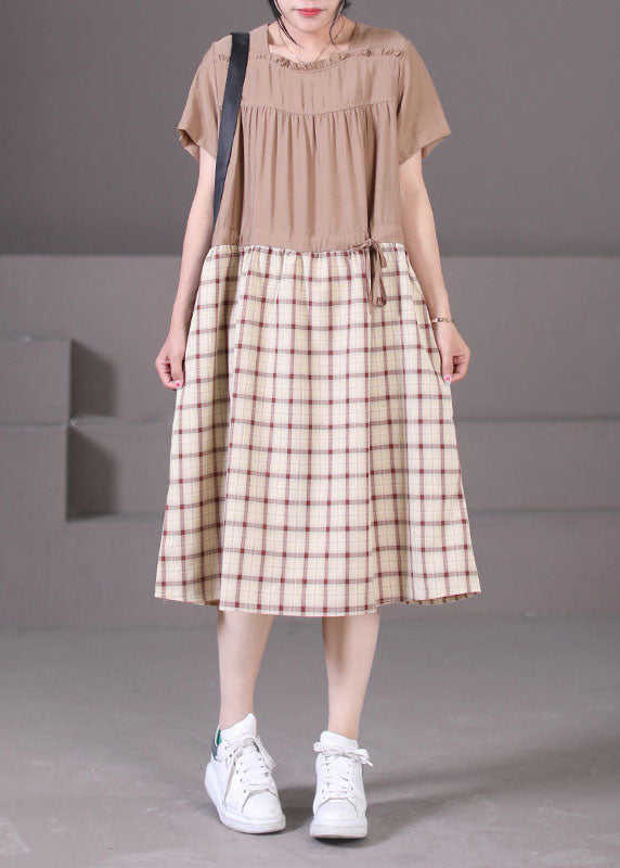 Diy Khaki Square Collar Wrinkled Ruffled Drawstring Plaid Maxi Dresses Short Sleeve