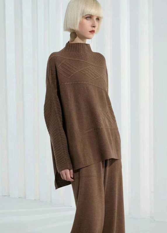 Diy Khaki Stand Collar Oversized Side Open Knit Sweaters Long Sleeve