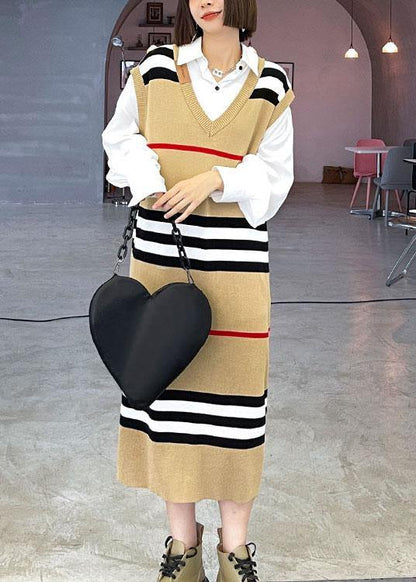 Diy Khaki V Neck Striped Fall Knit Sweater Dress