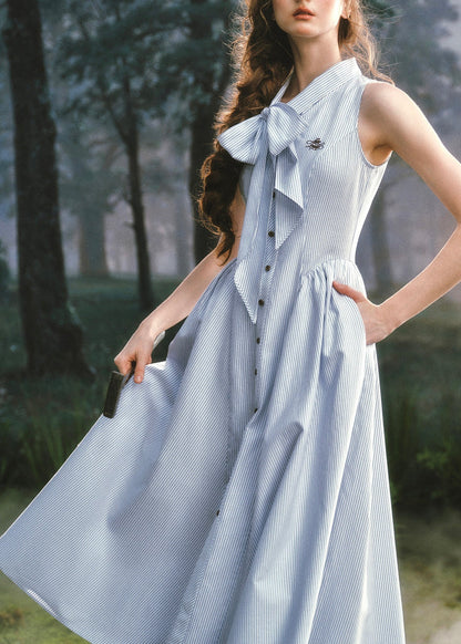Diy Light Blue Striped Bow Cotton Long Dress Sleeveless
