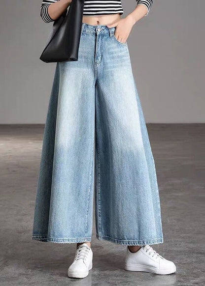 Diy Light Blue-sunflower Pockets Wide Leg Fall Denim Pants