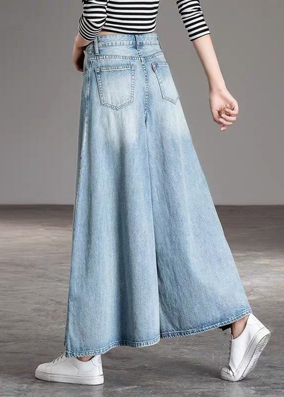 Diy Light Blue-chrysanthemum Pockets Wide Leg Fall Denim Pants