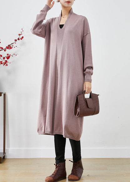 Diy Light Purple V Neck Knit Long Dresses Fall