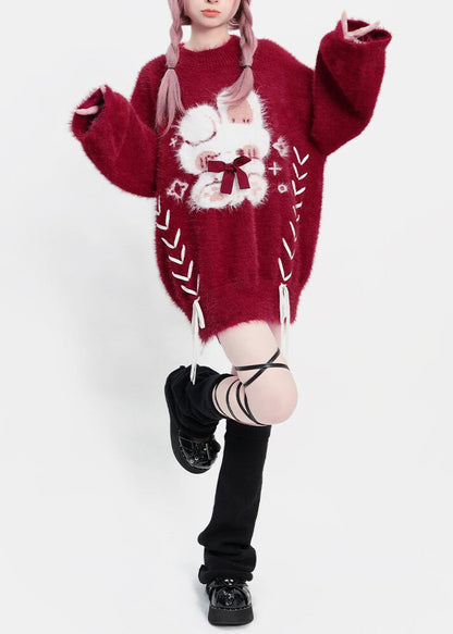 Diy Mulberry Oversized Rabbit Faux Mink Hair Knit Sweater Winter
