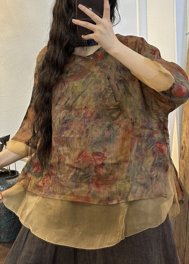 Diy Navy O Neck Print Patchwork Linen Blouses Summer
